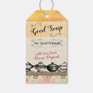 Soep in een label met geschenk, recept, shabby cadeaulabel