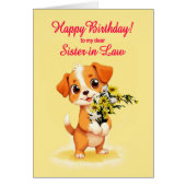 Soeur en droit Anniversaire Chiot et Fleurs (Devant)