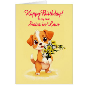 Soeur en droit Anniversaire Chiot et Fleurs