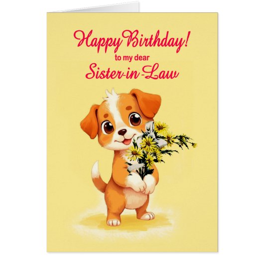 Soeur en droit Anniversaire Chiot et Fleurs (Devant)