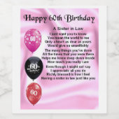 Soeur en Droit Poème Bouteille Étiquette 60e anniv (Étiquettes simples)