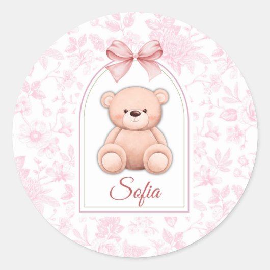 Sofia | Aangepaste Roze Teddybeer Nursery Design Ronde Sticker (Voorkant)