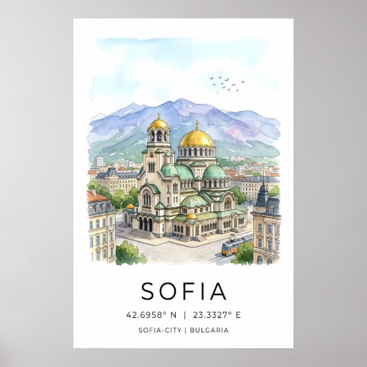 Sofia Stad Print Rustig Waterverf Uitzicht - Geel (Voorkant)