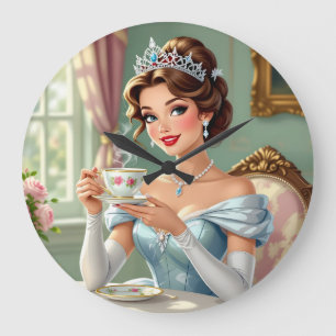 Sofistische prinses met kroon elegante jurk grote klok