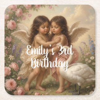 soft angel cherub girls’ birthday || vierkante kartonnen onderzetter