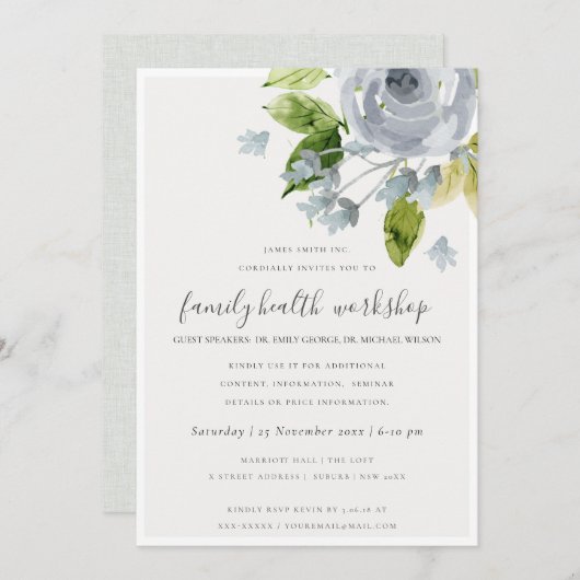 SOFT AQUA BLUE WATERVERF FLORAL WORKSHOP EVAL KAART (Voorkant / Achterkant)