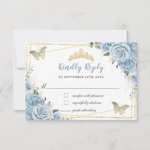Soft Baby Blue Floral Gold Quinceañera Butterflies RSVP Kaartje