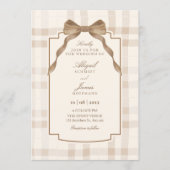 Soft beige brown bow tartan plaid wedding kaart (Voorkant)
