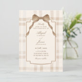 Soft beige brown bow tartan plaid wedding kaart (Staand voorkant)