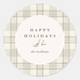 Soft Beige Gingham Happy Holidays Ronde Sticker