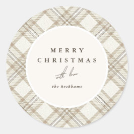 Soft Beige Gingham Merry Christmas Ronde Sticker