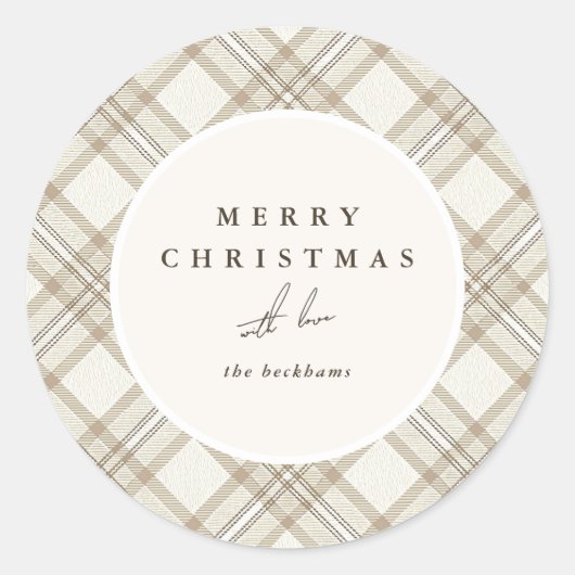 Soft Beige Gingham Merry Christmas Ronde Sticker (Voorkant)