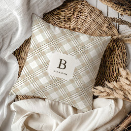 Soft Beige Gingham Monogram Festive Kussen