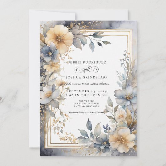 Soft Beige & Gray Floral Frame Wedding Invitation  (Devant)