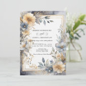 Soft Beige & Gray Floral Frame Wedding Invitation  (Debout devant)