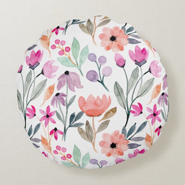 Soft Bloom Waterverf Flower Pattern Pasteltinten Rond Kussen (Achterkant)