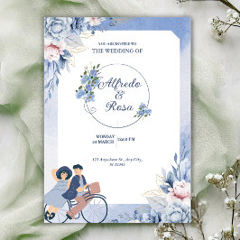 Soft Blue and White Floral Illustrative Wedding  Kaart