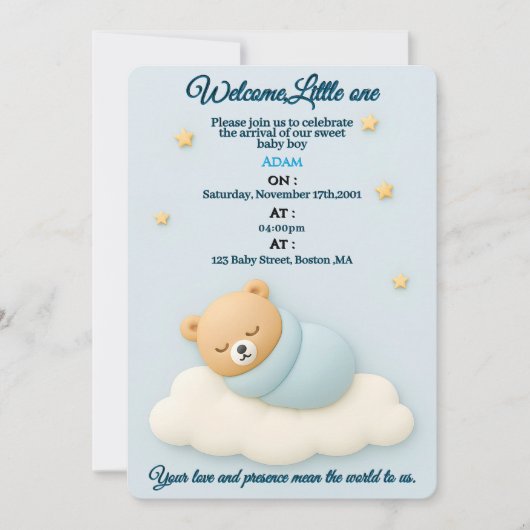 Soft Blue Baby shower Invitation Boy Kaart (Voorkant)