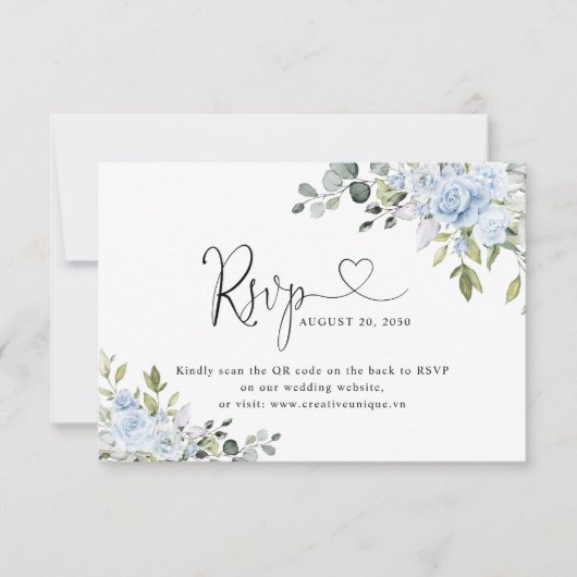 Soft Blue Botanical Wedding Website QR Code RSVP (Devant)
