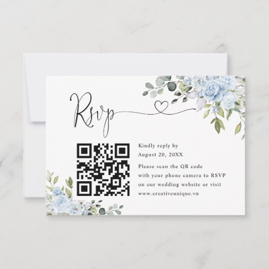 Soft Blue Botanical Wedding Website QR Code RSVP (Devant)