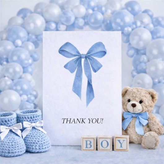 Soft Blue Bow Boy Baby Shower Bedankkaart