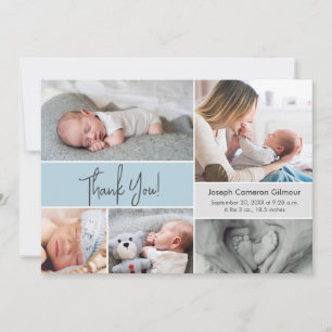 Soft blue Custom Photo Collage Baby Boy Birth Bedankkaart
