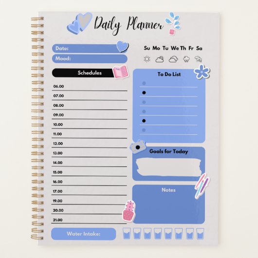 Soft Blue Daily Planner with Mood & Water Track (Devant)