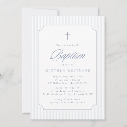 Soft Blue-Gray Striped Baptism Invitation (Devant)