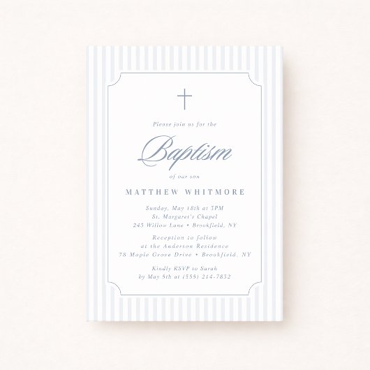 Soft Blue-Gray Striped Baptism Invitation