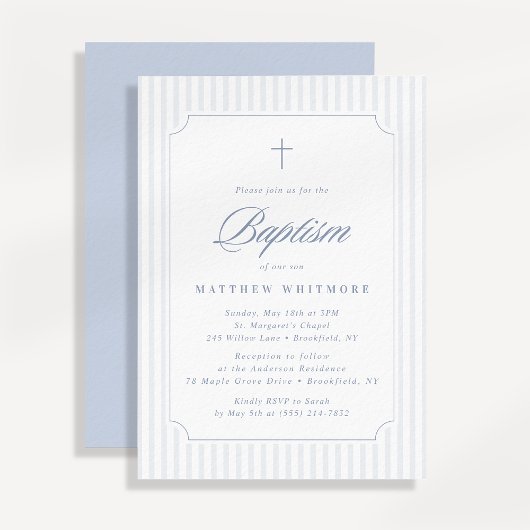 Soft Blue-Gray Striped Baptism Invitation