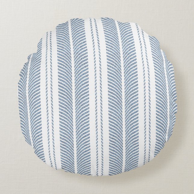 Soft Blue Herringbone Fern Striped Pattern Rond Kussen (Voorkant)