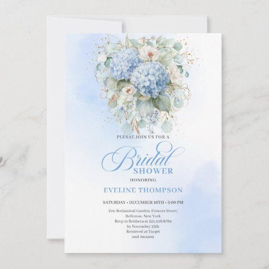 Soft Blue Hydrangea Gold Bridal Shower Invitation (Devant)