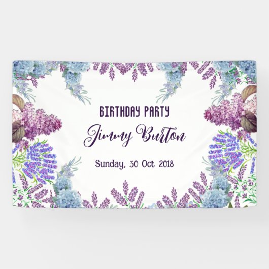 Soft Blue Pastel Hydrangeas Paarse Lila Verjaardag Spandoek (Horizontaal)
