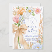Soft Blue Ribbon Floral Wedding Save The Date (Voorkant)