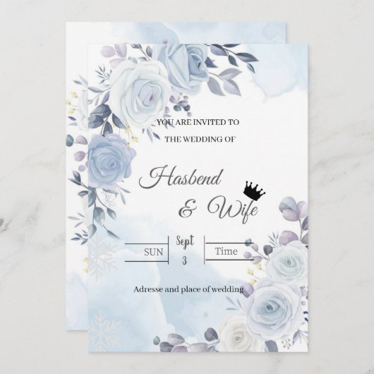 Soft Blue Watercolor Floral Wedding Invitation (Devant / Derrière)