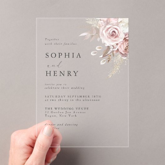 Soft Blush Bloemen Acryl Huwelijksuitnodiging Acryl Uitnodigingen (Insitu (Draagbaar))