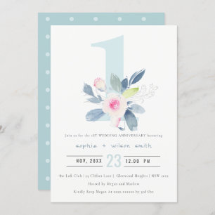 SOFT BLUSH BLUE FLORAL 1st JAAR JUBILEUM Kaart