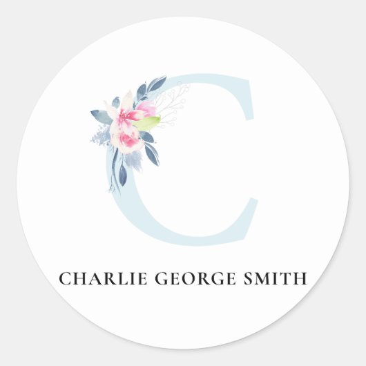 SOFT BLUSH BLUE FLORAL ALPHABETS NAME BRIEF C RONDE STICKER (Voorkant)