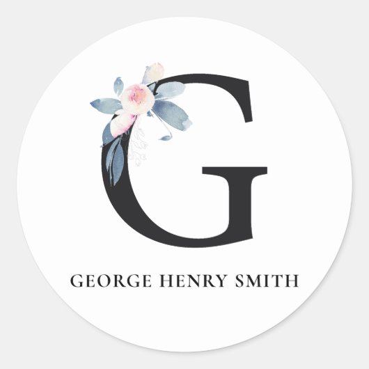 SOFT BLUSH BLUE FLORAL ALPHABETS NAME BRIEF G RONDE STICKER (Voorkant)