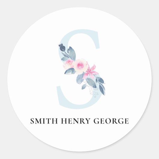SOFT BLUSH BLUE FLORAL ALPHABETS NAME BRIEF RONDE STICKER (Voorkant)