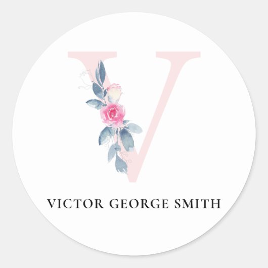 SOFT BLUSH BLUE FLORAL ALPHABETS NAME BRIEF V RONDE STICKER (Voorkant)