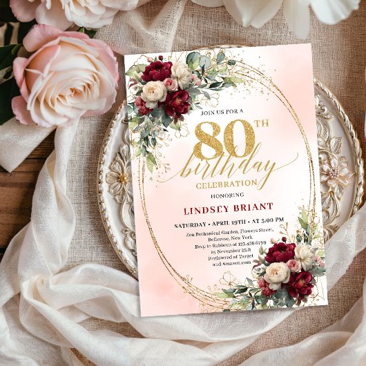 Soft Blush Boho Floral 80th Birthday Party Invitе Kaart