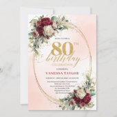 Soft Blush Boho Floral 80th Birthday Party Invite Kaart (Voorkant)