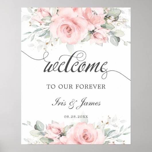Soft Blush Floral Greenery Wedding Welcome Sign Poster (Voorkant)