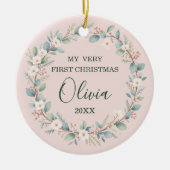Soft Blush Floral Lijst Baby's eerste kerstdag Keramisch Ornament (Voorkant)