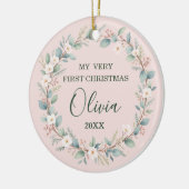 Soft Blush Floral Lijst Baby's eerste kerstdag Keramisch Ornament (Links)