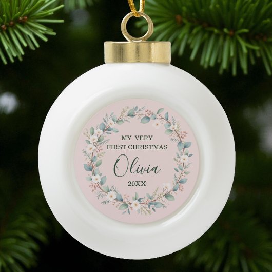 Soft Blush Floral Lijst Baby's eerste kerstdag Keramische Bal Ornament