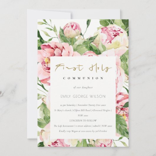 Soft Blush Floral Peony First Heilige Communie Kaart (Voorkant)