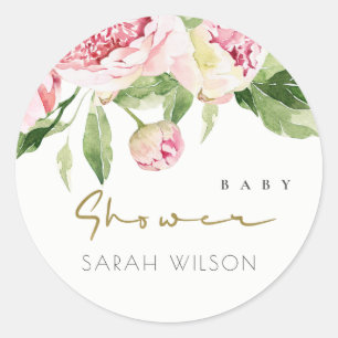 SOFT BLUSH FLORAL PEONY WATERVERF BABY SHOWER RONDE STICKER