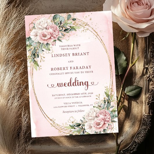 Soft Blush Floral Rose Gold Wedding Invitation Kaart
